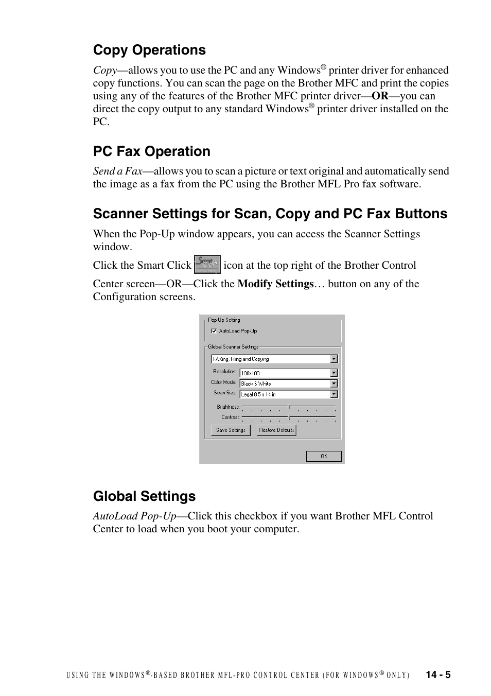 Copy operations, Pc fax operation, Scanner settings for scan, copy and pc fax buttons | Global settings, Global settings -5 | Brother FAX-2800 User Manual | Page 131 / 228