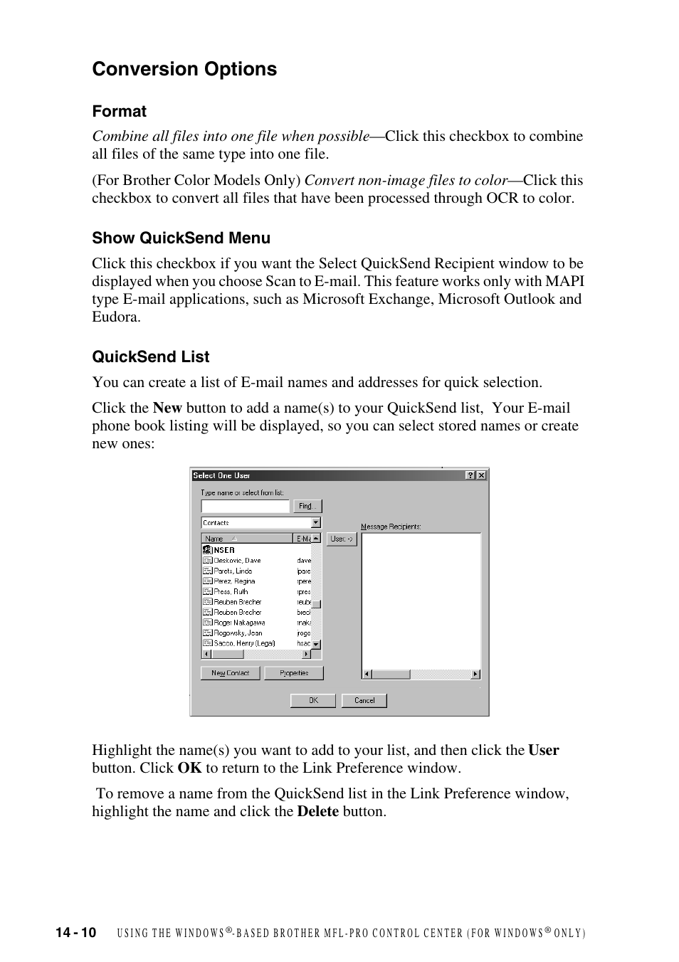 Conversion options, Format, Show quicksend menu | Quicksend list, Conversion options -10 | Brother FAX-2800 User Manual | Page 136 / 228