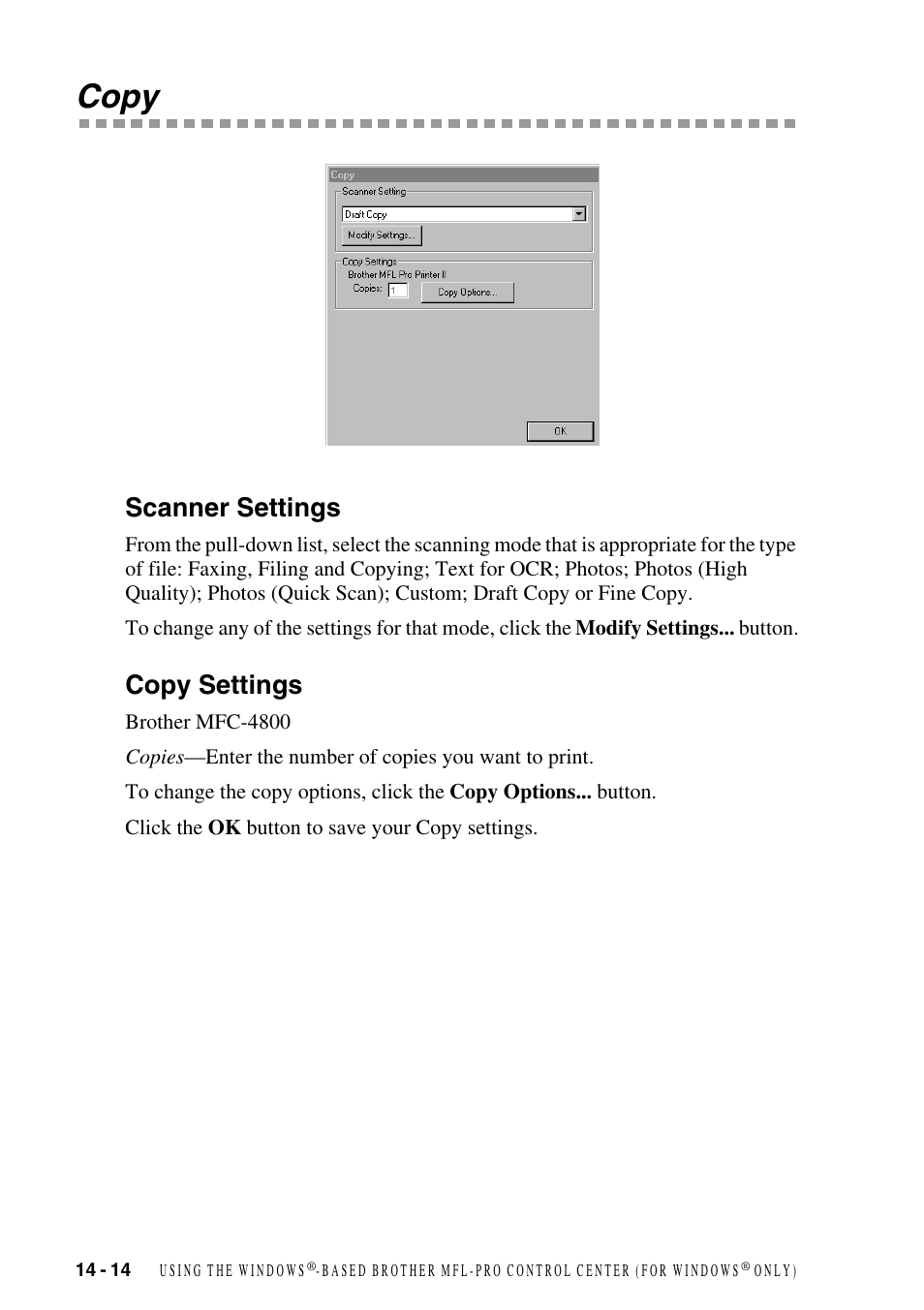 Copy, Scanner settings, Copy settings | Copy -14, Scanner settings -14 copy settings -14 | Brother FAX-2800 User Manual | Page 140 / 228