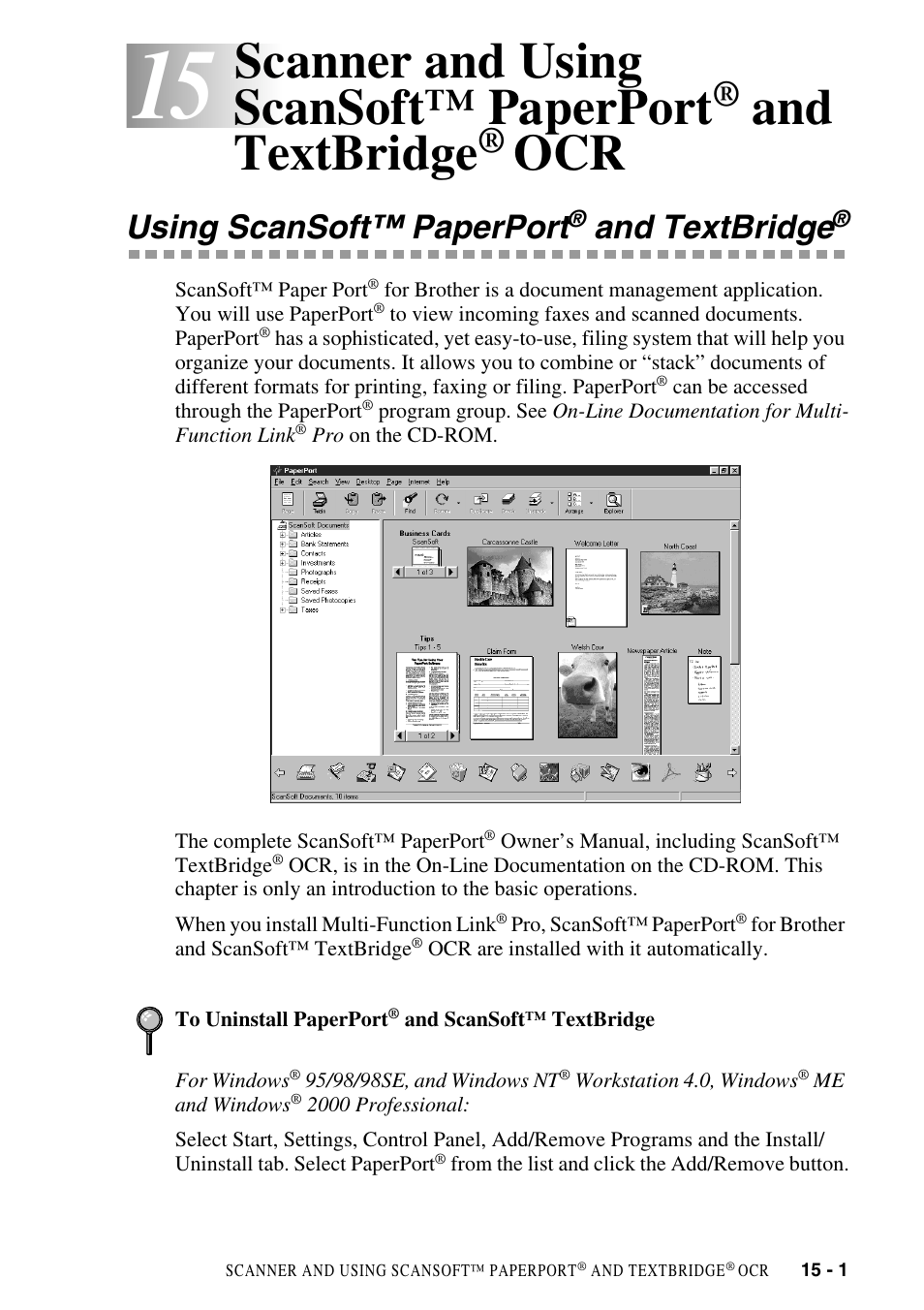 Using scansoft™ paperport® and textbridge, Scanner and using scansoft™ paperport, Textbridge | Ocr -1, Using scansoft™ paperport, And textbridge | Brother FAX-2800 User Manual | Page 143 / 228