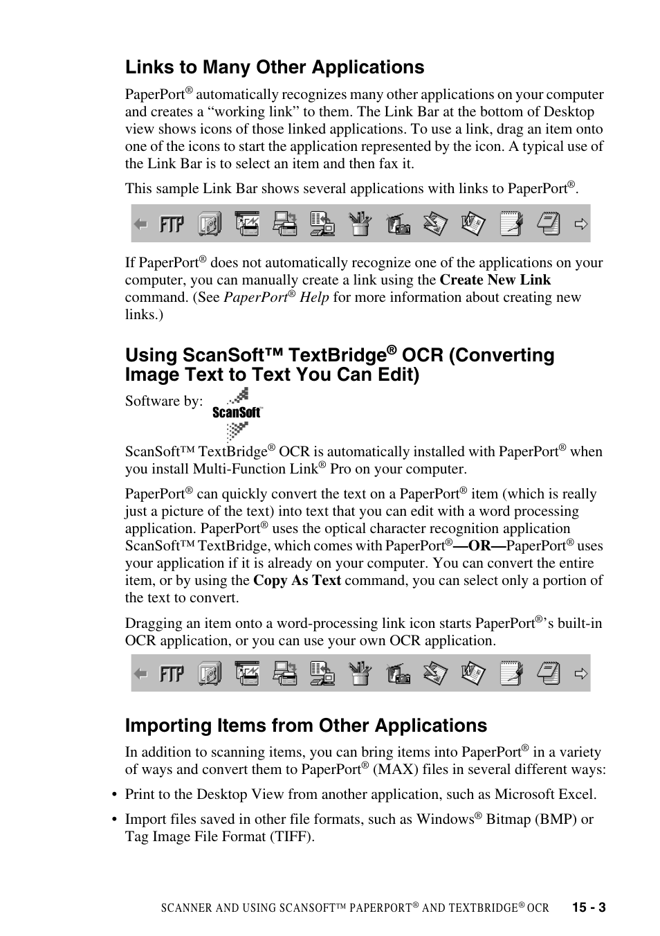 Links to many other applications, Importing items from other applications, Converting image text to text you can edit) -3 | Importing items from other applications -3, Using scansoft™ textbridge, Ocr (converting image text to text you can edit) | Brother FAX-2800 User Manual | Page 145 / 228
