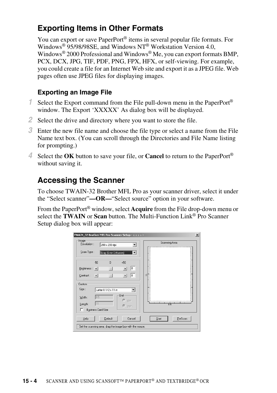 Exporting items in other formats, Exporting an image file, Accessing the scanner | Exporting items in other formats -4, Exporting an image file -4, Accessing the scanner -4 | Brother FAX-2800 User Manual | Page 146 / 228