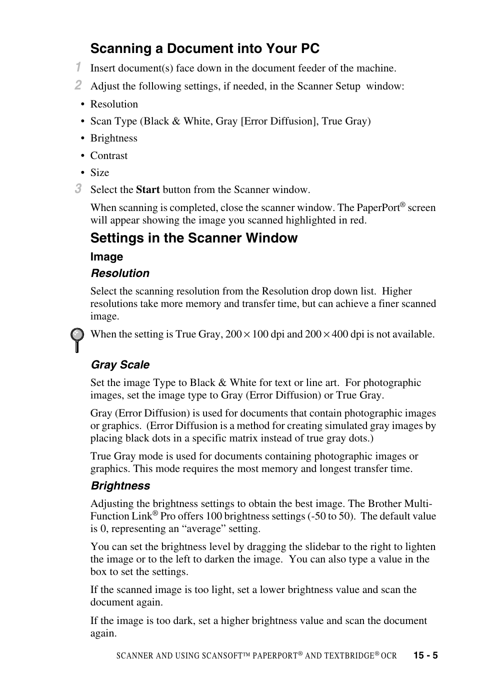 Scanning a document into your pc, Settings in the scanner window, Image | Image -5, Scanning a document into your pc 1 | Brother FAX-2800 User Manual | Page 147 / 228
