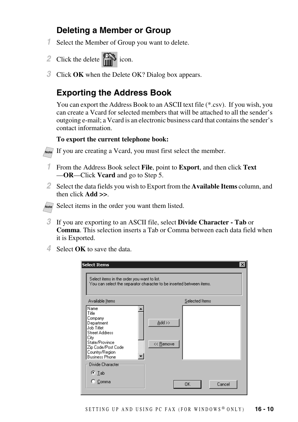 Deleting a member or group, Exporting the address book, Deleting a member or group 1 | Brother FAX-2800 User Manual | Page 159 / 228