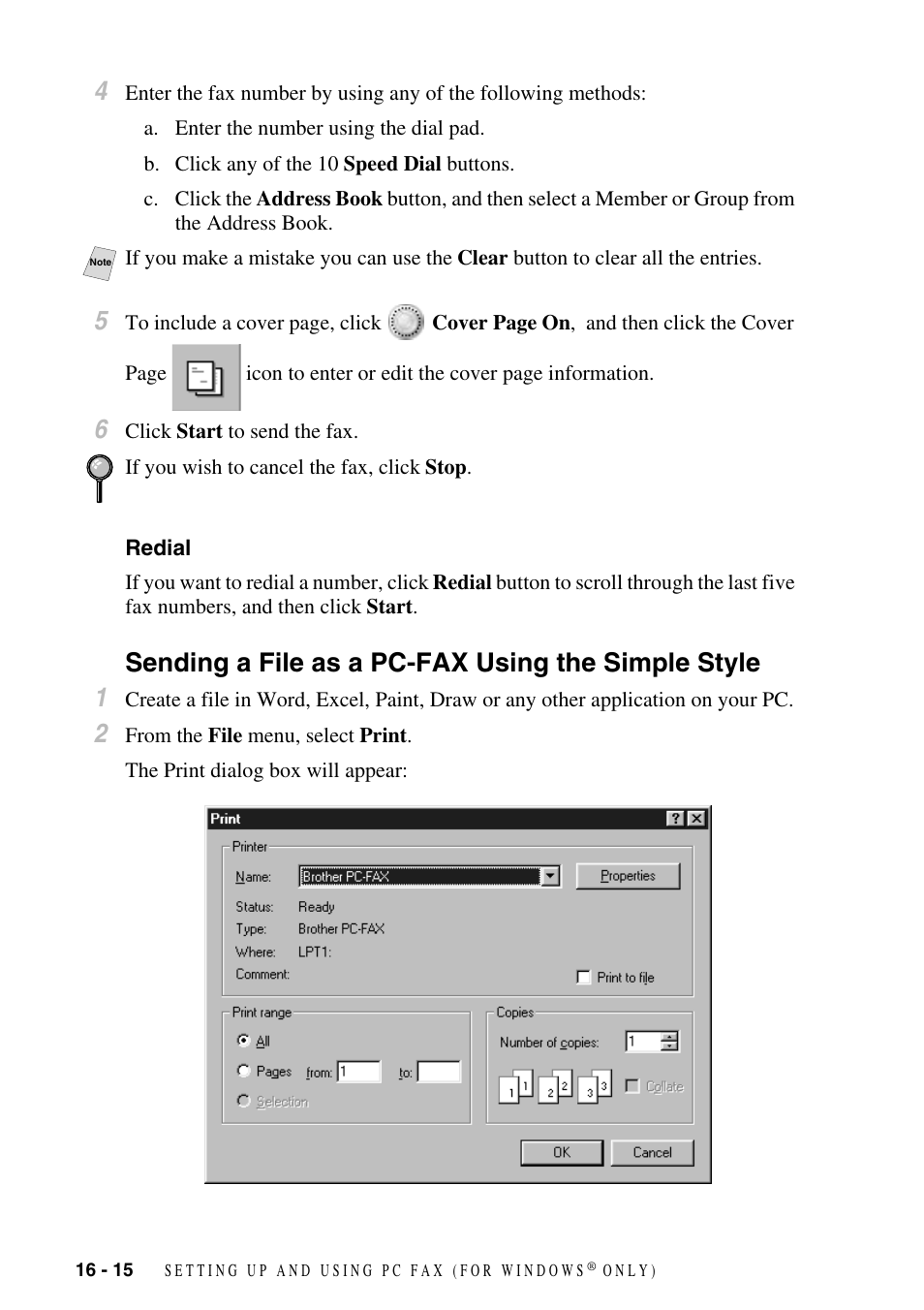 Redial, Sending a file as a pc-fax using the simple style, Redial -15 | Brother FAX-2800 User Manual | Page 164 / 228