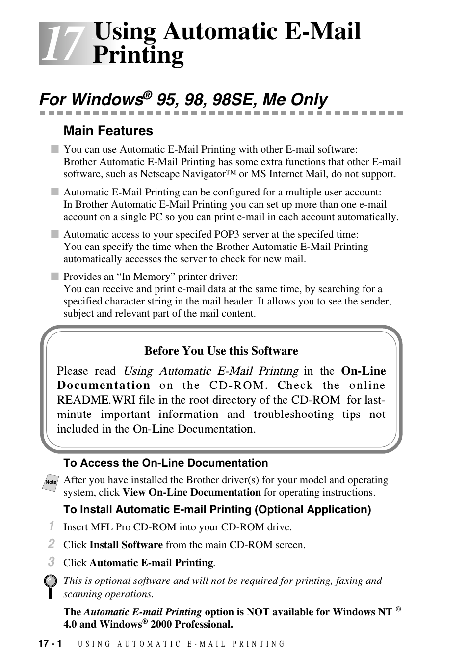 17 using automatic e-mail printing, For windows® 95, 98, 98se, me only, Main features | To access the on-line documentation, Using automatic e-mail printing -1, For windows, 95, 98, 98se, me only -1, Main features -1, Optional application) -1, Using automatic e-mail printing | Brother FAX-2800 User Manual | Page 166 / 228
