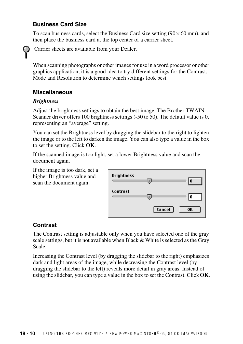Business card size, Miscellaneous, Contrast | Brother FAX-2800 User Manual | Page 176 / 228