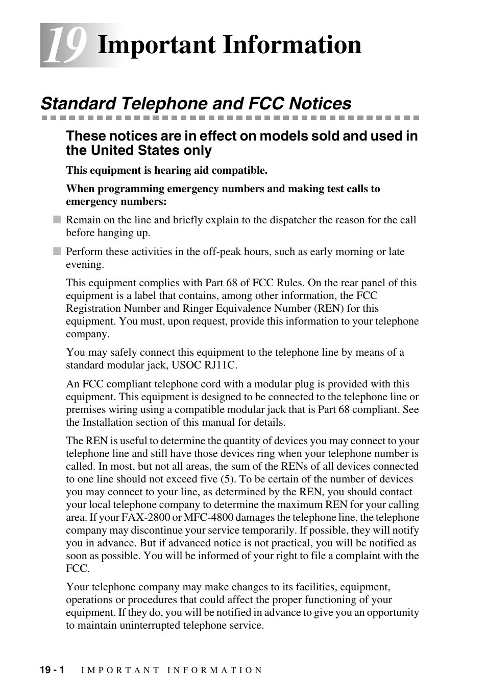 19 important information, Standard telephone and fcc notices, Important information -1 | Standard telephone and fcc notices -1, Important information | Brother FAX-2800 User Manual | Page 178 / 228