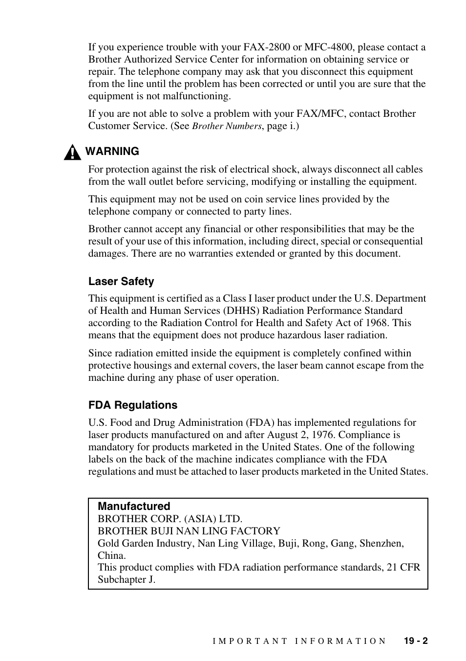 Laser safety, Fda regulations, Laser safety -2 fda regulations -2 | Brother FAX-2800 User Manual | Page 179 / 228