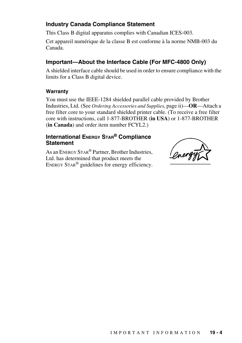 Industry canada compliance statement, Warranty, International energy star® compliance statement | For mfc-4800 only) -4, Warranty -4 international energy star, Compliance statement -4 | Brother FAX-2800 User Manual | Page 181 / 228