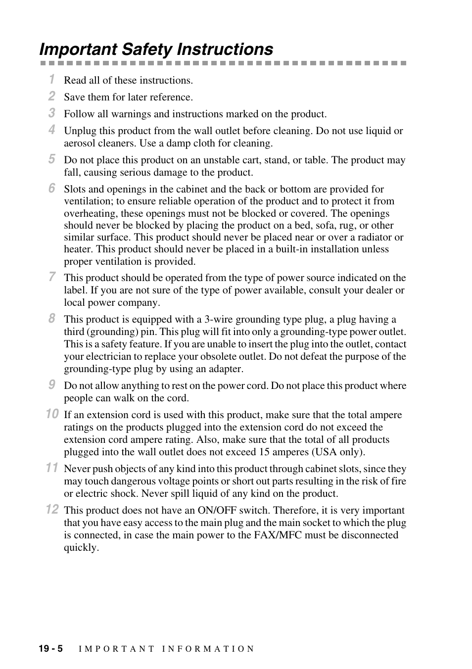 Important safety instructions, Important safety instructions -5 | Brother FAX-2800 User Manual | Page 182 / 228