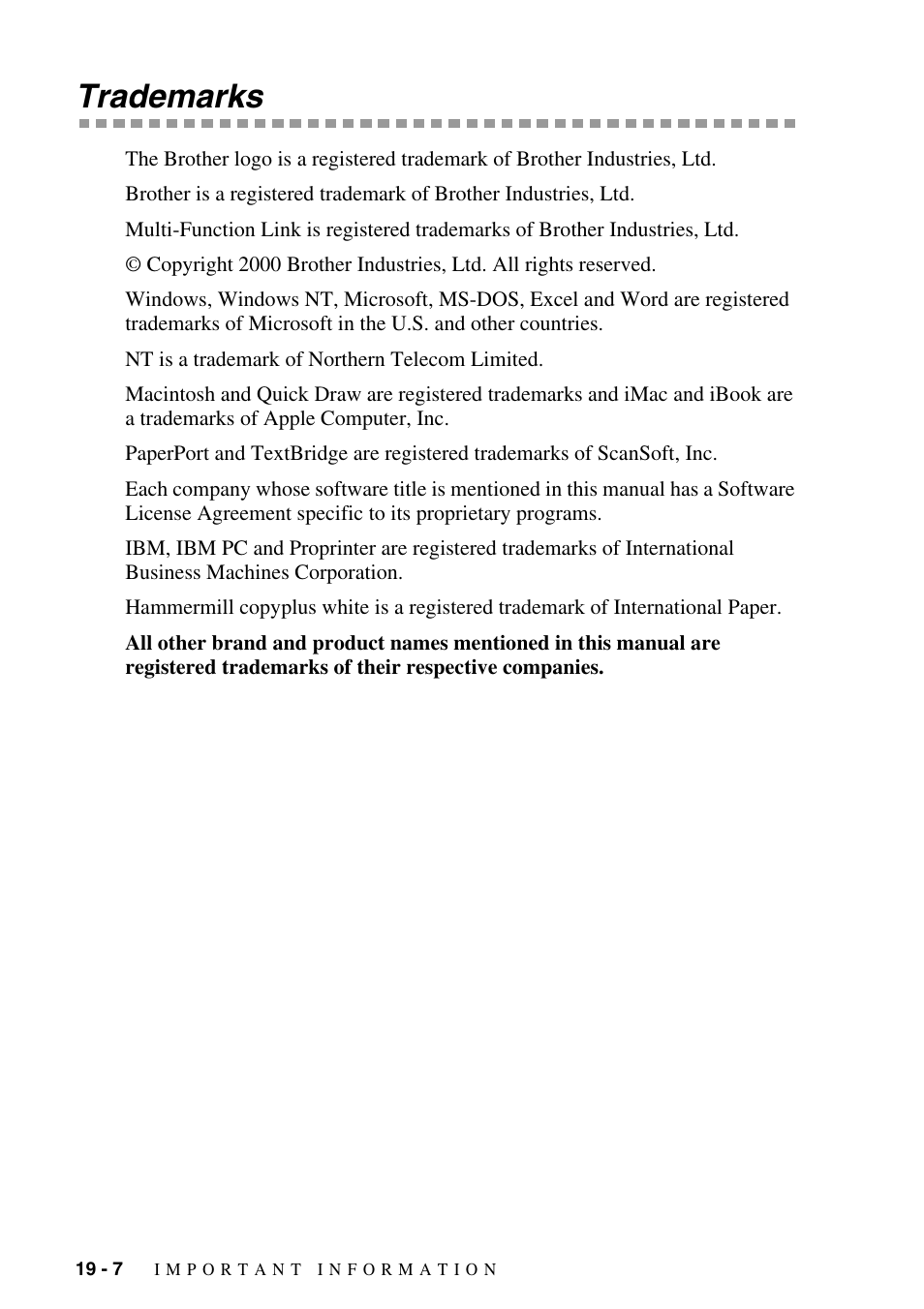 Trademarks, Trademarks -7 | Brother FAX-2800 User Manual | Page 184 / 228