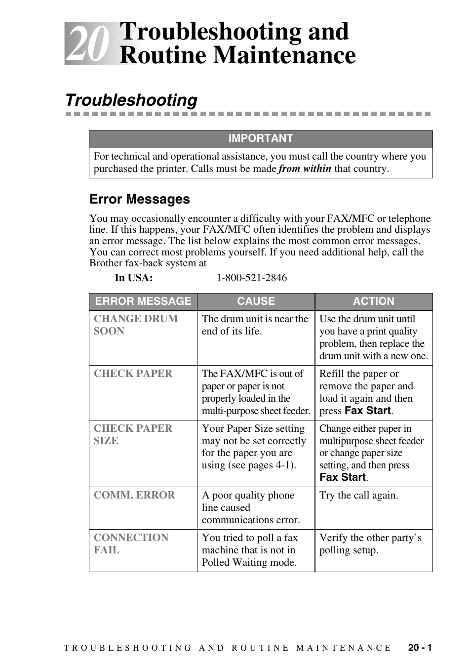 20 troubleshooting and routine maintenance, Troubleshooting, Error messages | Troubleshooting and routine maintenance -1, Troubleshooting -1, Error messages -1, Troubleshooting and routine maintenance | Brother FAX-2800 User Manual | Page 185 / 228
