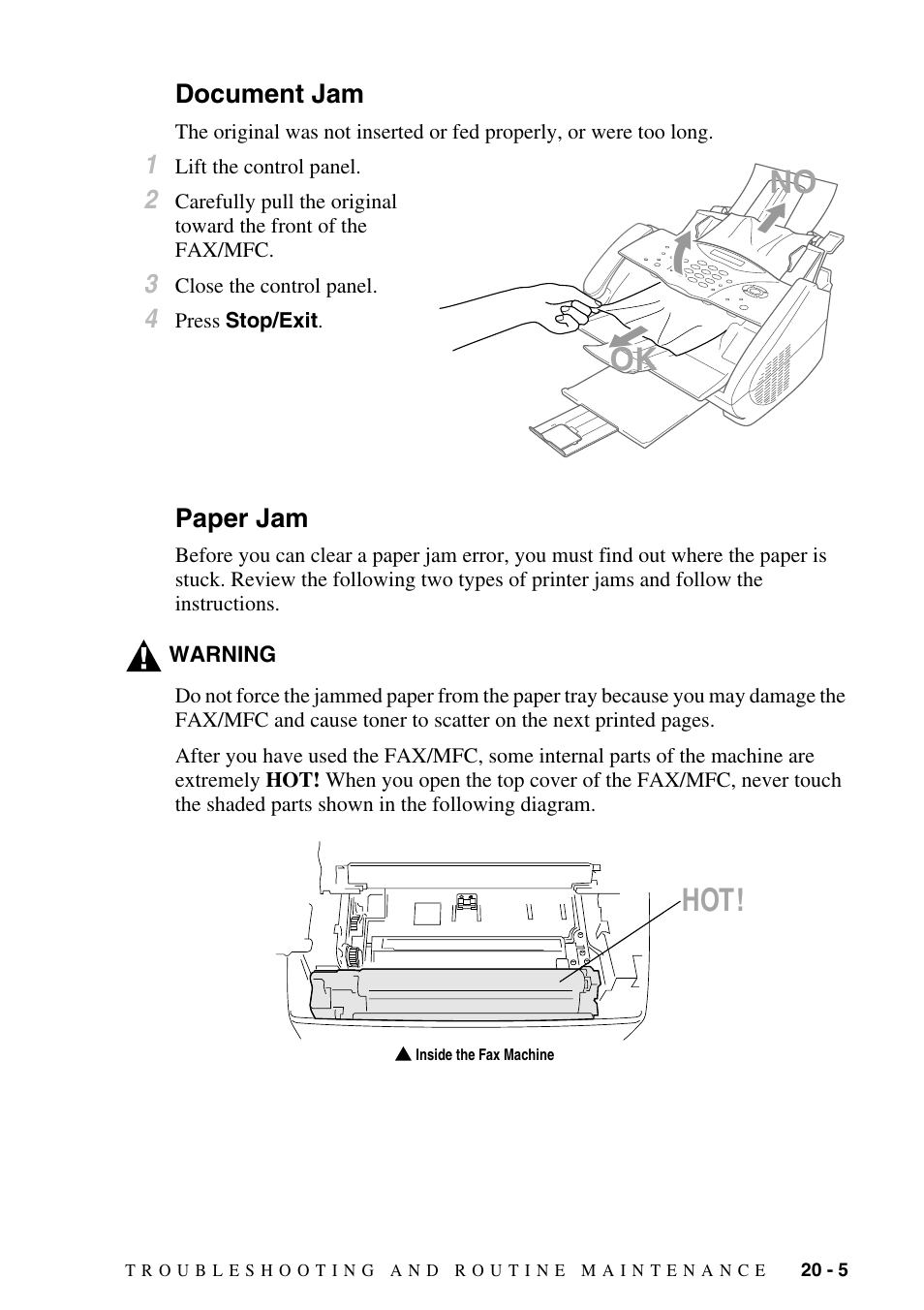 Document jam, Paper jam, Document jam -5 paper jam -5 | No ok hot | Brother FAX-2800 User Manual | Page 189 / 228