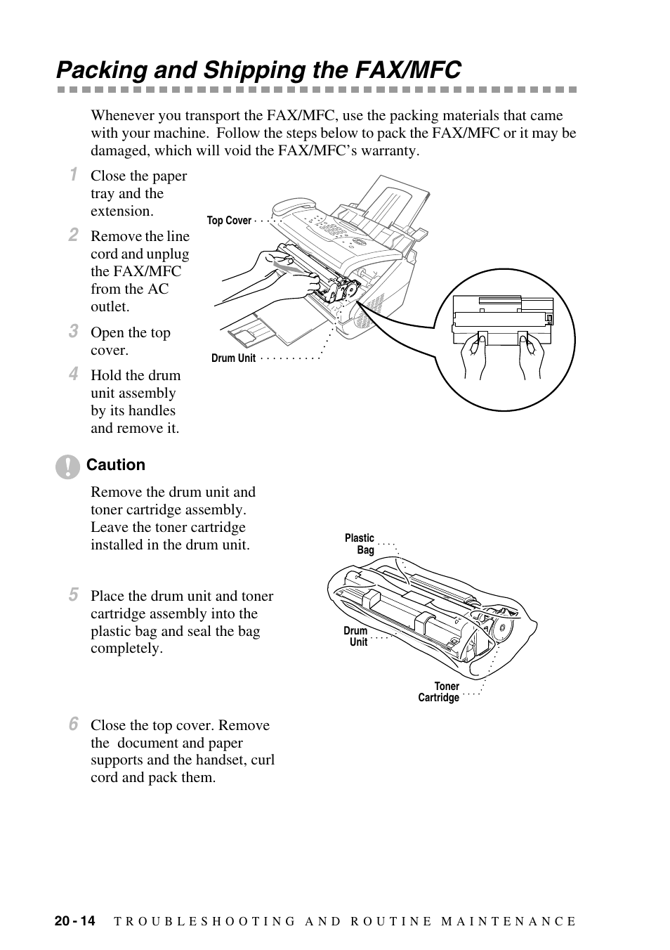 Packing and shipping the fax/mfc, Packing and shipping the fax/mfc -14 | Brother FAX-2800 User Manual | Page 198 / 228