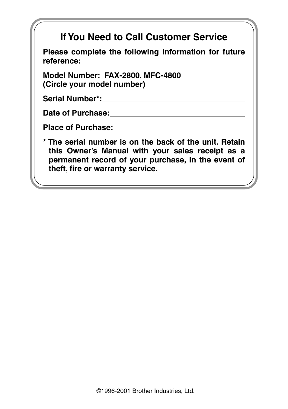 If you need to call customer service | Brother FAX-2800 User Manual | Page 2 / 228