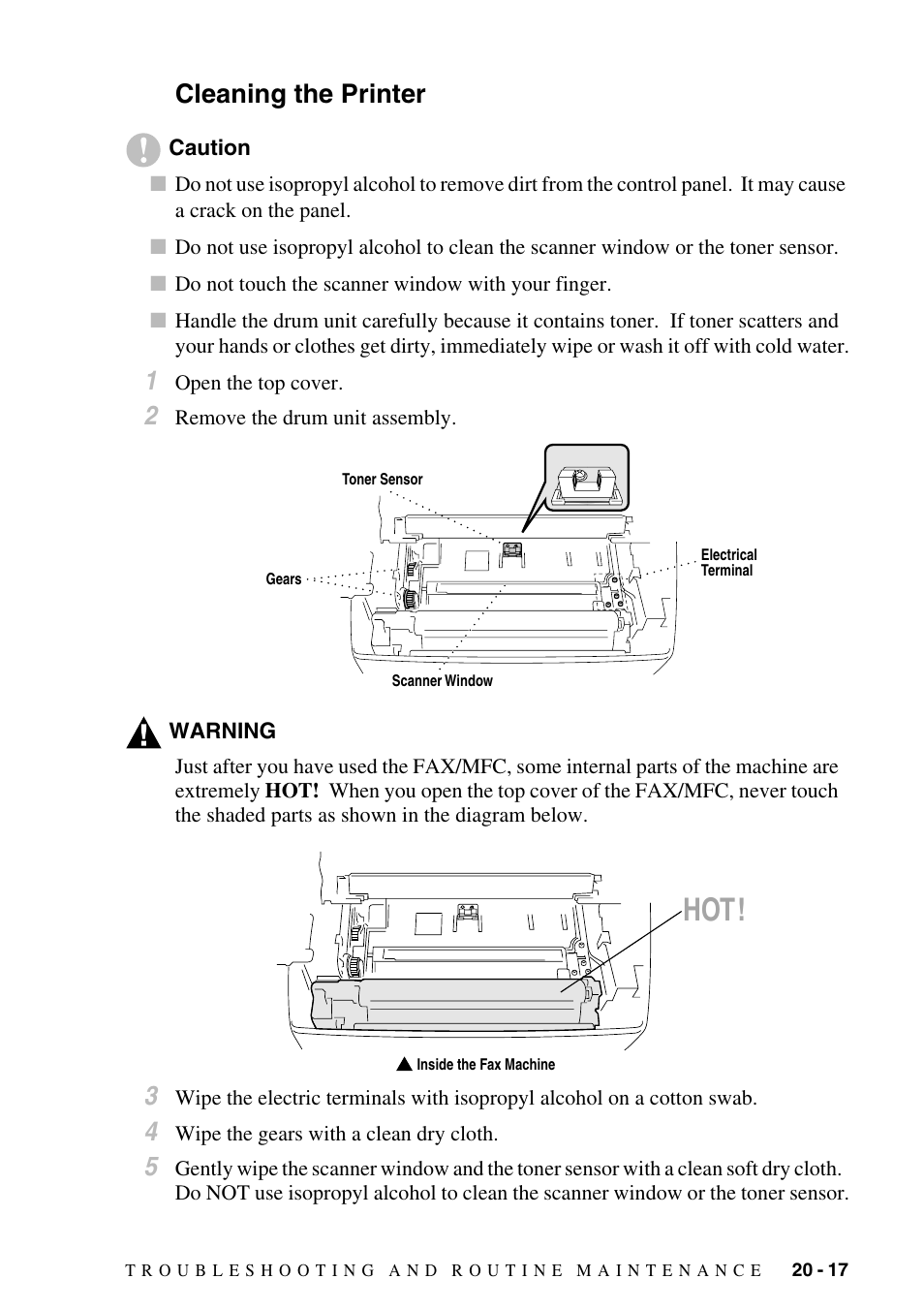 Cleaning the printer, Cleaning the printer -17, 17 and | Cleaning the, Printer | Brother FAX-2800 User Manual | Page 201 / 228