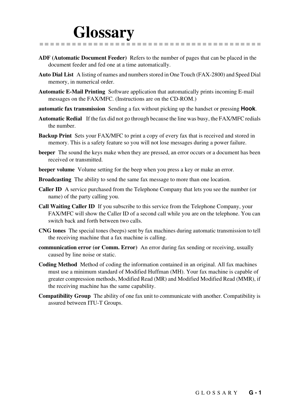 Glossary | Brother FAX-2800 User Manual | Page 211 / 228