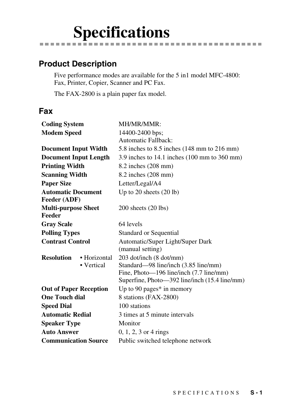 Specifications, Product description | Brother FAX-2800 User Manual | Page 215 / 228