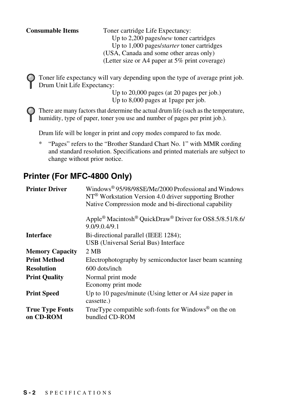 Printer (for mfc-4800 only) | Brother FAX-2800 User Manual | Page 216 / 228