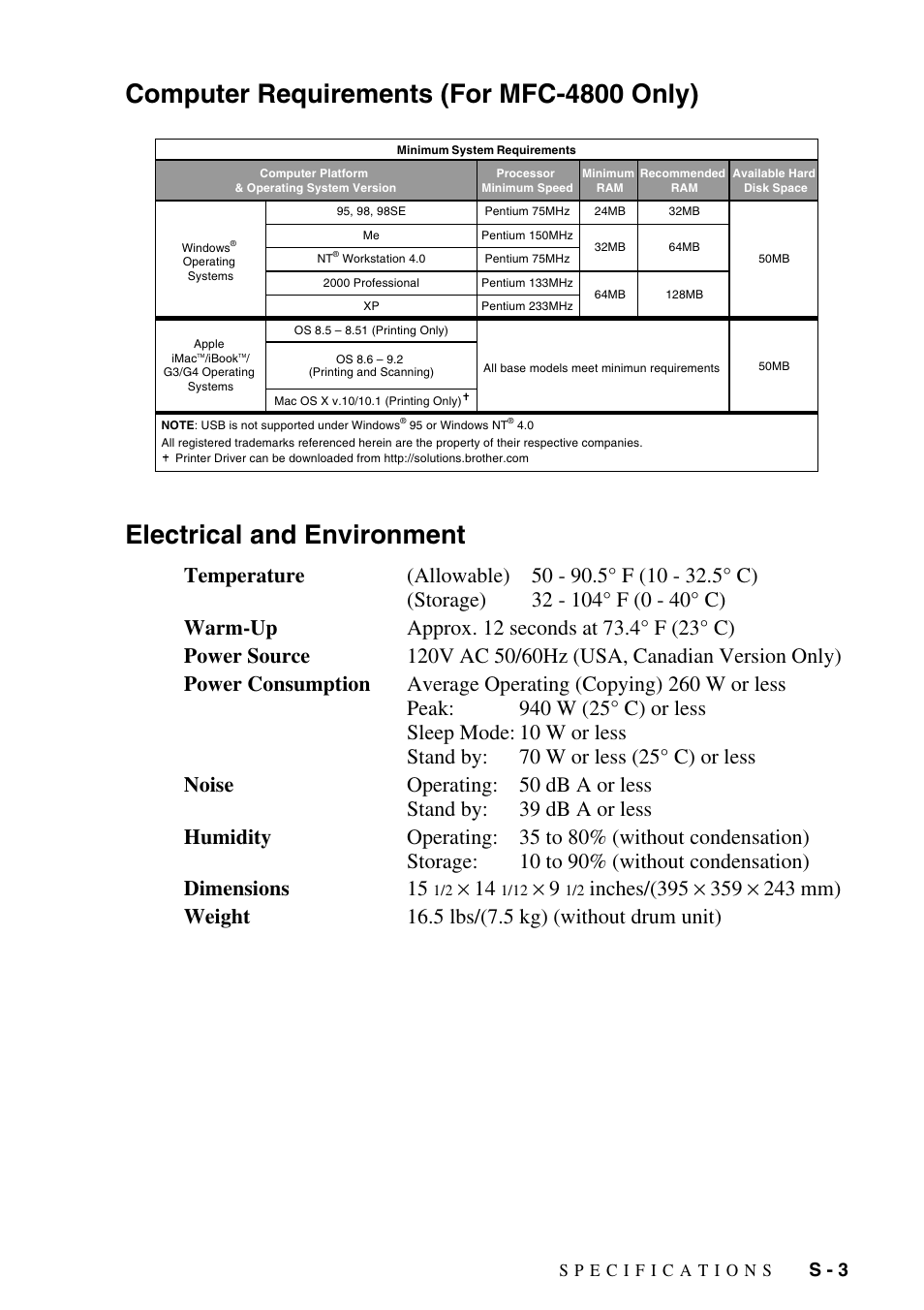 Computer requirements (for mfc-4800 only), Electrical and environment, Ч 14 | Brother FAX-2800 User Manual | Page 217 / 228