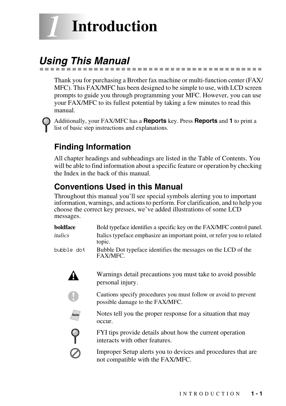 1 introduction, Using this manual, Finding information | Conventions used in this manual, Introduction -1, Using this manual -1, Introduction | Brother FAX-2800 User Manual | Page 23 / 228