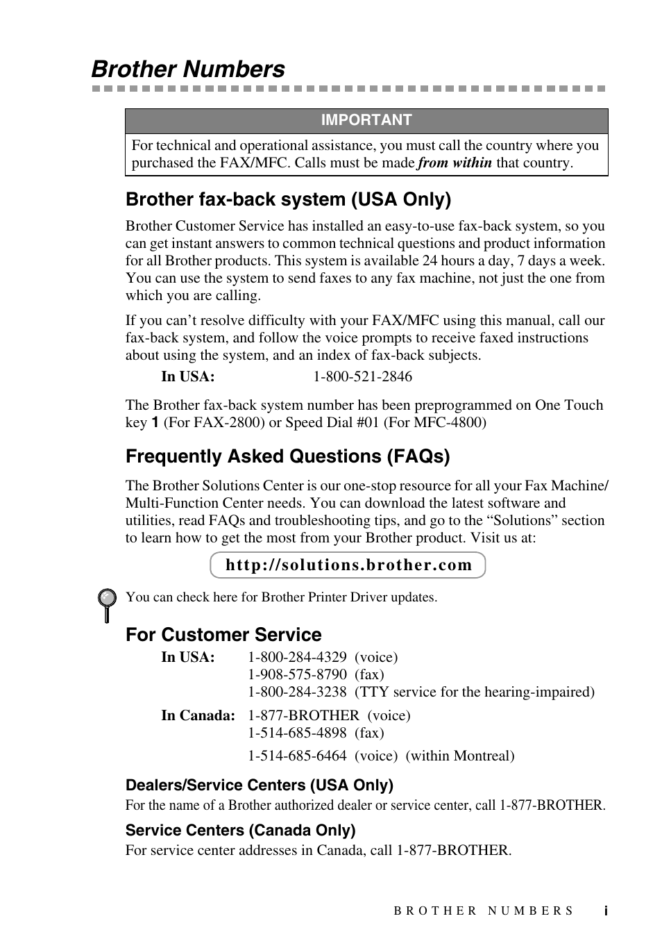 Brother numbers, Brother fax-back system (usa only), Frequently asked questions (faqs) | For customer service, Dealers/service centers (usa only), Service centers (canada only) | Brother FAX-2800 User Manual | Page 3 / 228