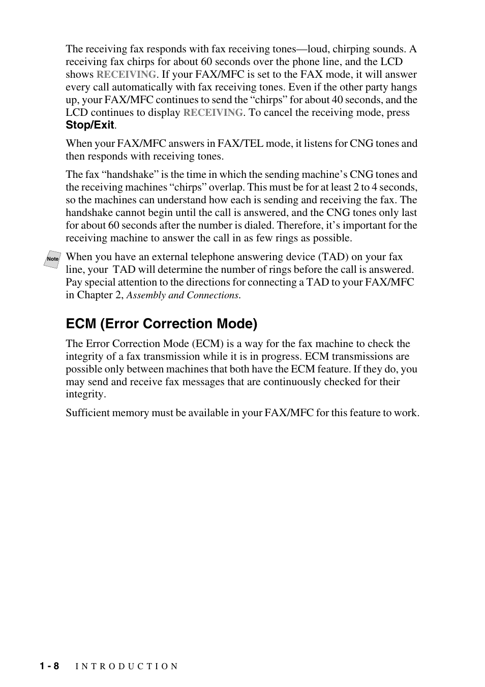 Ecm (error correction mode), Ecm (error correction mode) -8 | Brother FAX-2800 User Manual | Page 30 / 228