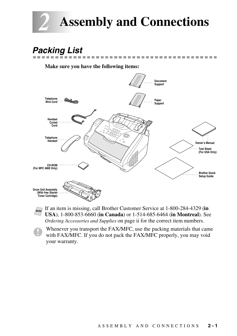 2 assembly and connections, Packing list, Assembly and connections -1 | Packing list -1, Assembly and connections | Brother FAX-2800 User Manual | Page 31 / 228