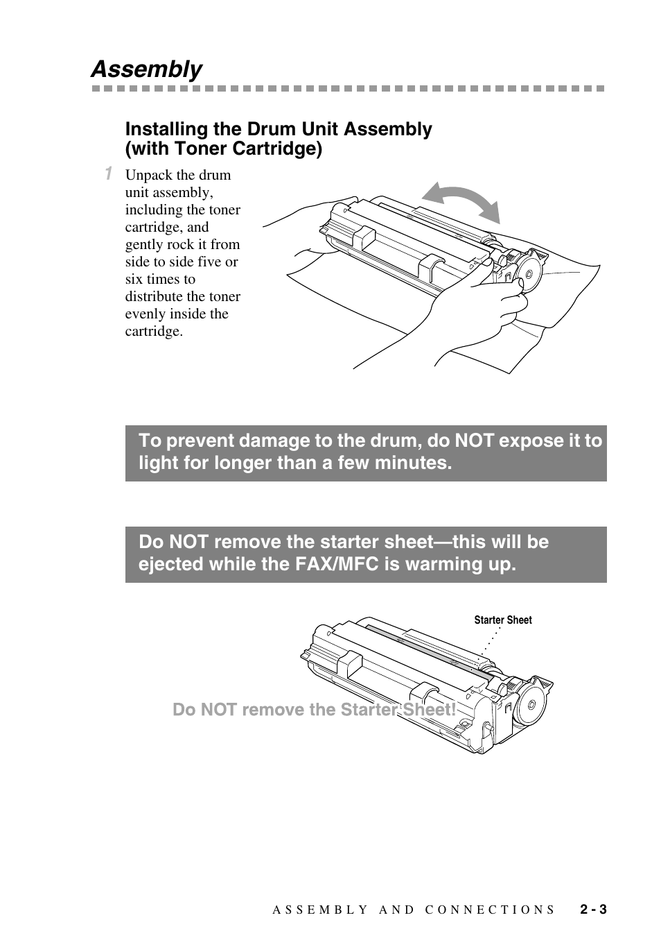 Assembly, Assembly -3, Installing the drum unit assembly | With toner cartridge) -3 | Brother FAX-2800 User Manual | Page 33 / 228