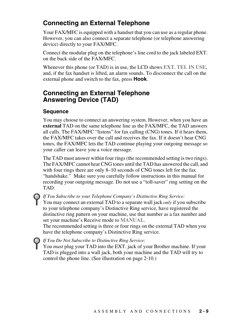Connecting an external telephone, Sequence, Answering device (tad) -9 sequence -9 | Brother FAX-2800 User Manual | Page 39 / 228