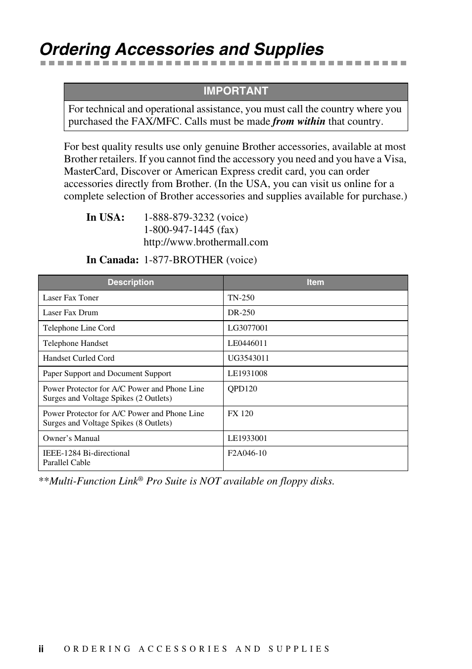 Ordering accessories and supplies | Brother FAX-2800 User Manual | Page 4 / 228