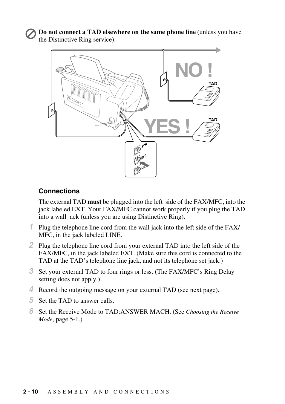 Connections, Connections -10, No ! yes | Brother FAX-2800 User Manual | Page 40 / 228