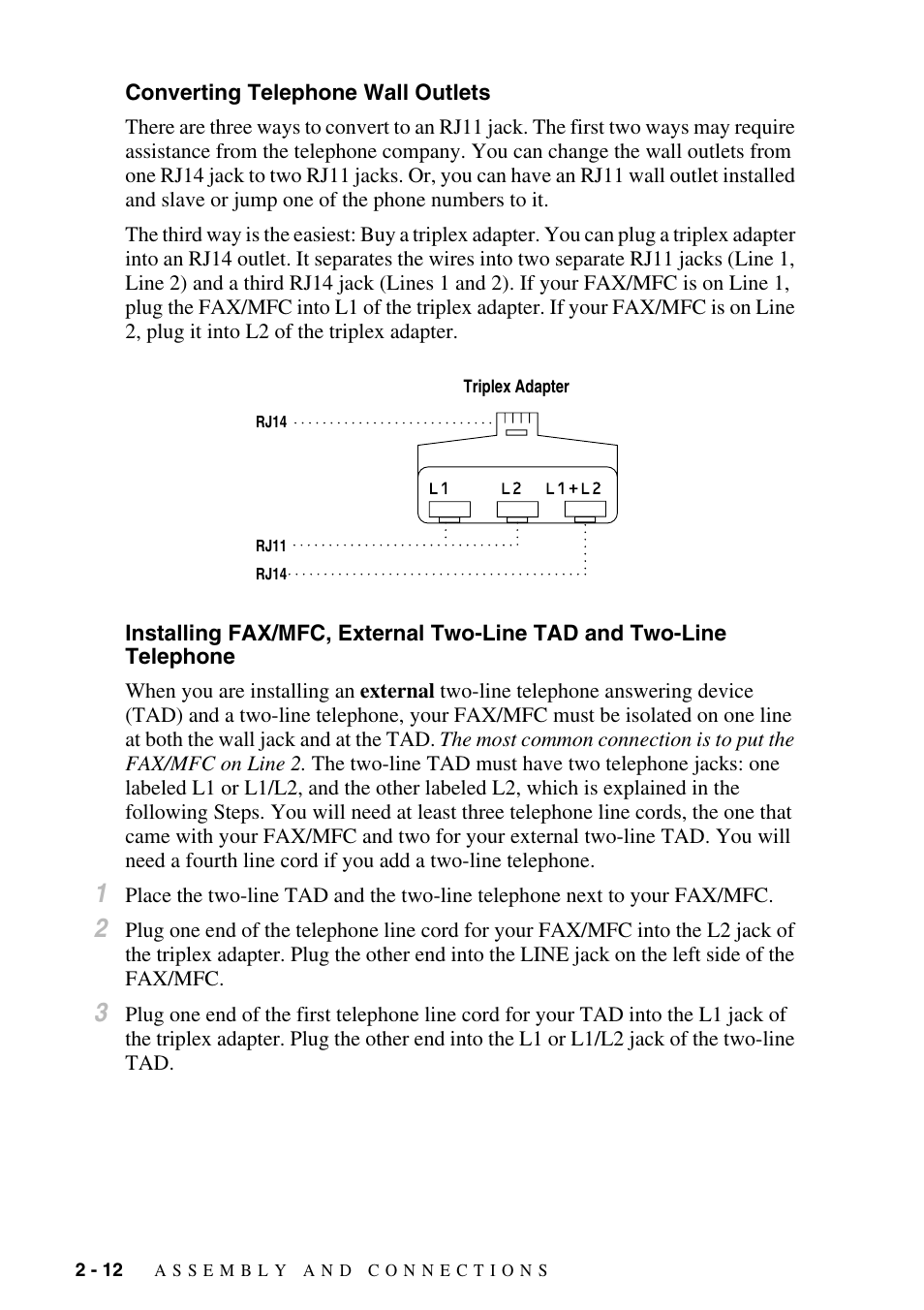 Converting telephone wall outlets, Converting telephone wall outlets -12, Installing fax/mfc, external two-line tad and | Two-line telephone -12 | Brother FAX-2800 User Manual | Page 42 / 228