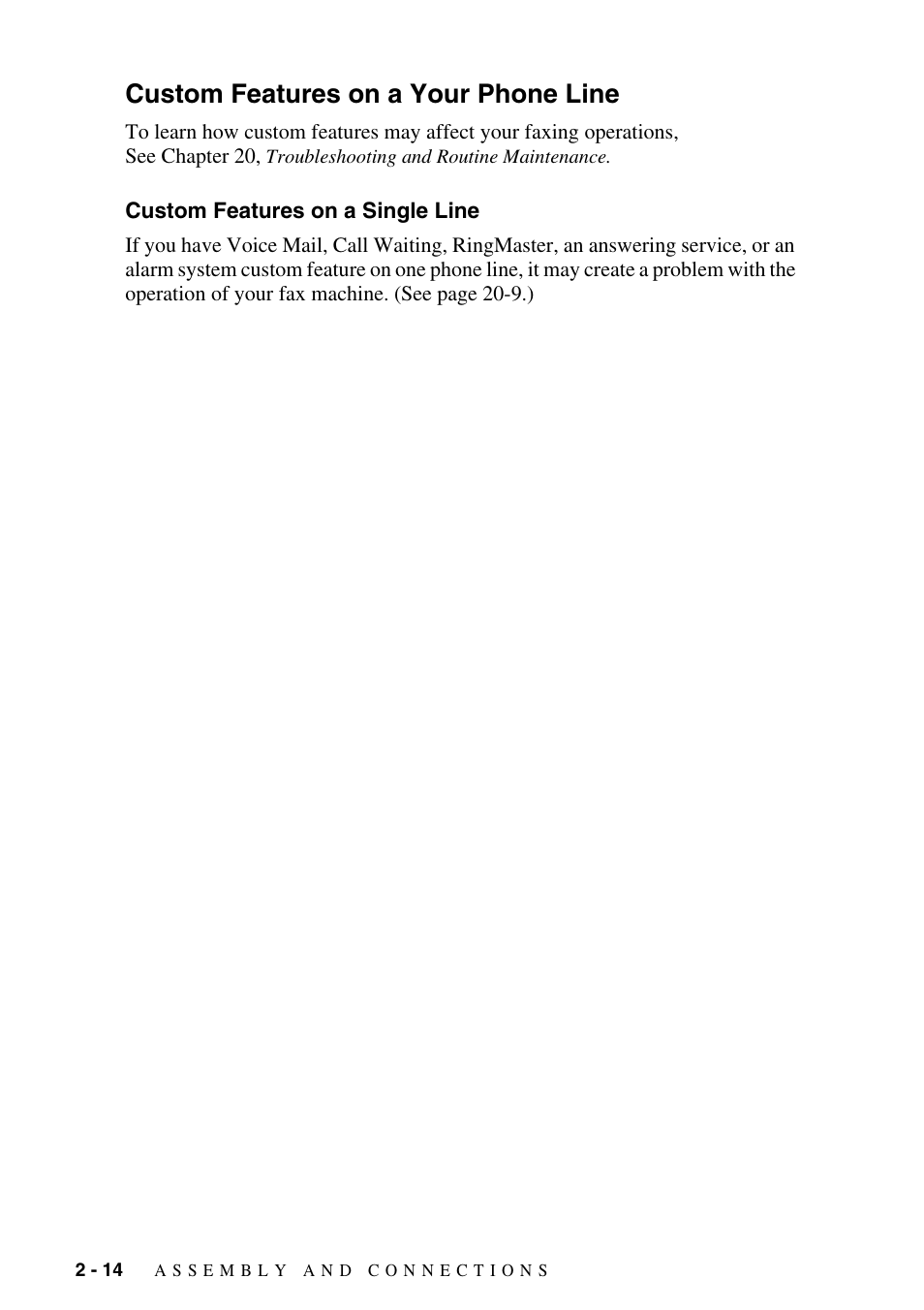 Custom features on a your phone line, Custom features on a single line, Custom features on a your phone line -14 | Custom features on a single line -14 | Brother FAX-2800 User Manual | Page 44 / 228
