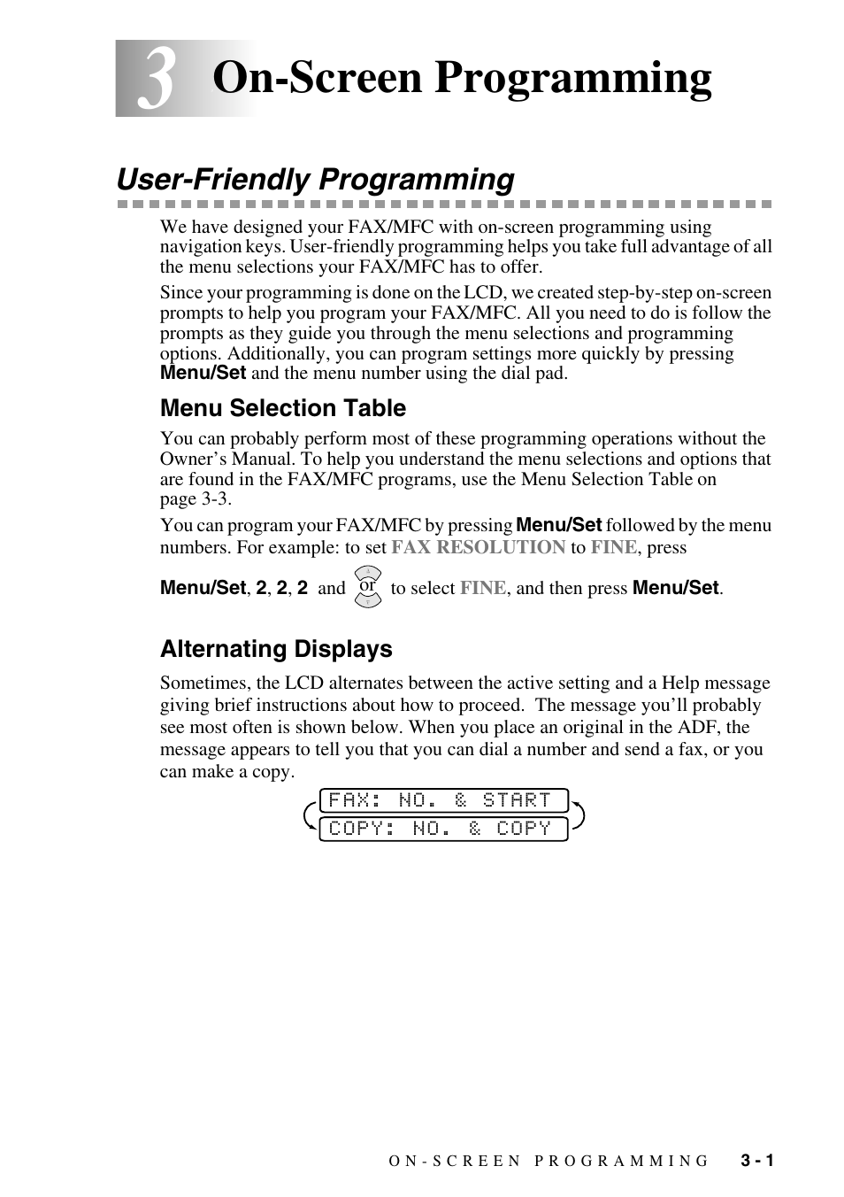 3 on-screen programming, User-friendly programming, Menu selection table | Alternating displays, On-screen programming -1, User-friendly programming -1, Menu selection table -1 alternating displays -1, On-screen programming | Brother FAX-2800 User Manual | Page 45 / 228