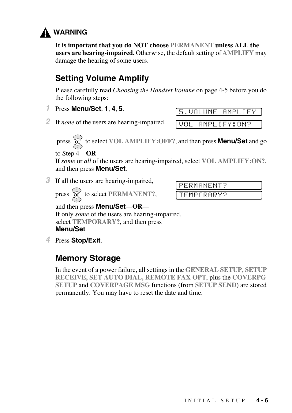 Setting volume amplify, Memory storage, Setting volume amplify -6 memory storage -6 | Brother FAX-2800 User Manual | Page 57 / 228