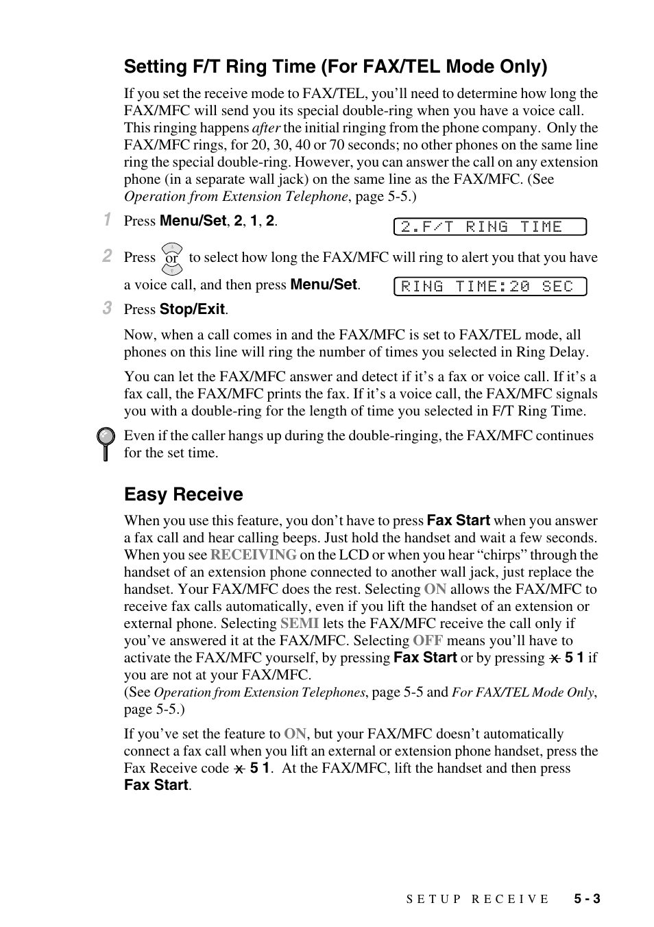 Setting f/t ring time (for fax/tel mode only), Easy receive | Brother FAX-2800 User Manual | Page 61 / 228