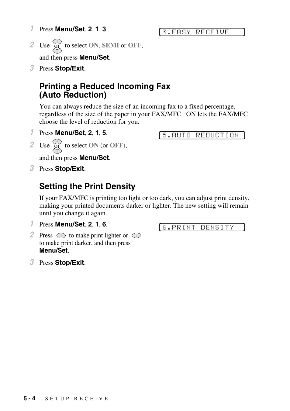 Printing a reduced incoming fax (auto reduction), Setting the print density, Printing a reduced incoming fax | Auto reduction) -4, Setting the print density -4 | Brother FAX-2800 User Manual | Page 62 / 228