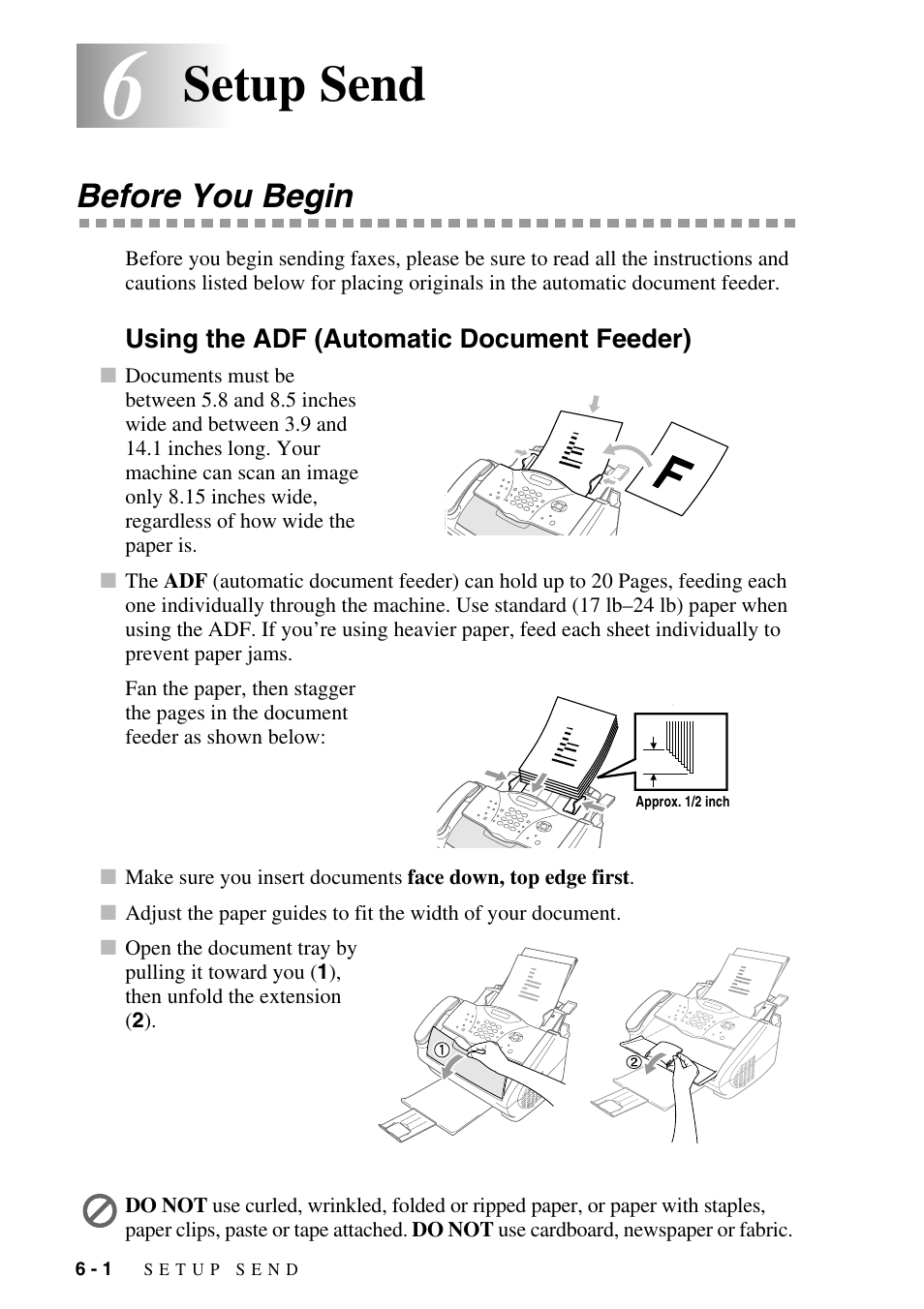 6 setup send, Before you begin, Using the adf (automatic document feeder) | Setup send -1, Before you begin -1, Using the adf (automatic document feeder) -1, Setup send | Brother FAX-2800 User Manual | Page 66 / 228
