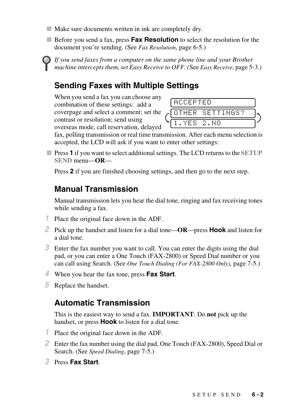 Sending faxes with multiple settings, Manual transmission, Automatic transmission | Brother FAX-2800 User Manual | Page 67 / 228