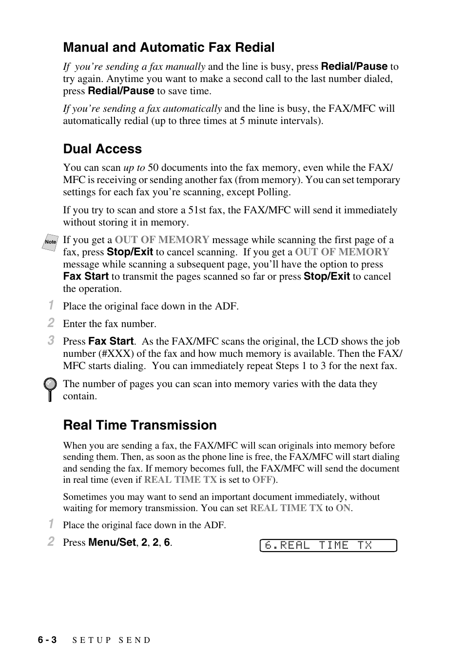 Manual and automatic fax redial, Dual access, Real time transmission | Real, Time transmission | Brother FAX-2800 User Manual | Page 68 / 228