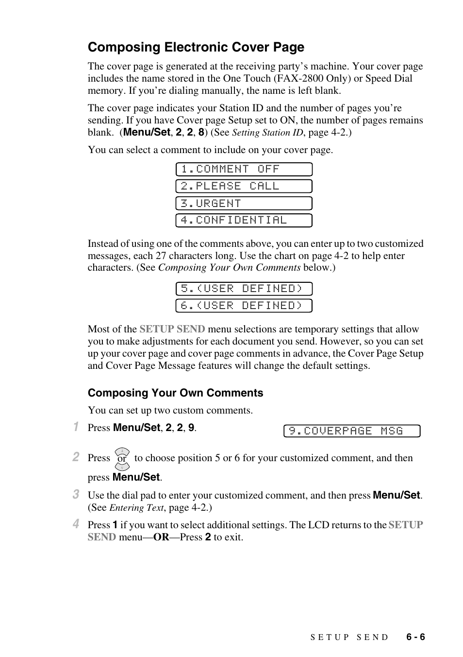 Composing your own comments, Composing your own comments -6, Composing electronic cover page | Brother FAX-2800 User Manual | Page 71 / 228