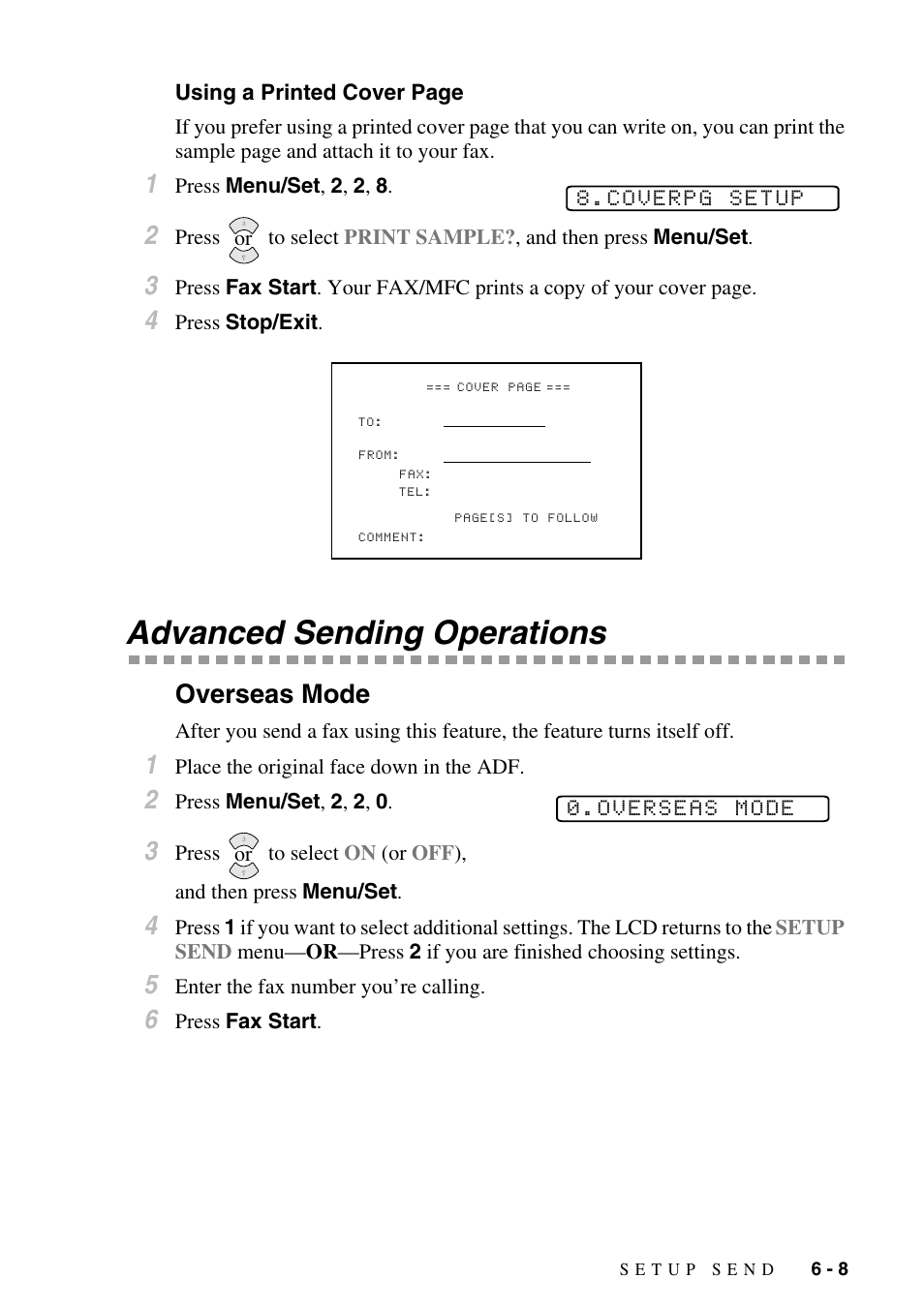 Advanced sending operations, Overseas mode, Advanced sending operations -8 | Overseas mode -8 | Brother FAX-2800 User Manual | Page 73 / 228
