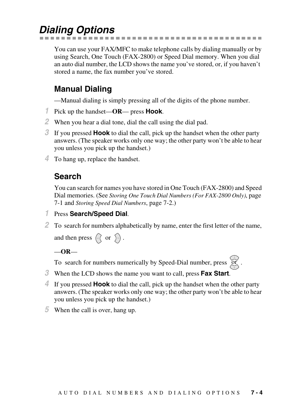Dialing options, Manual dialing, Search | Dialing options -4, Manual dialing -4 search -4 | Brother FAX-2800 User Manual | Page 79 / 228