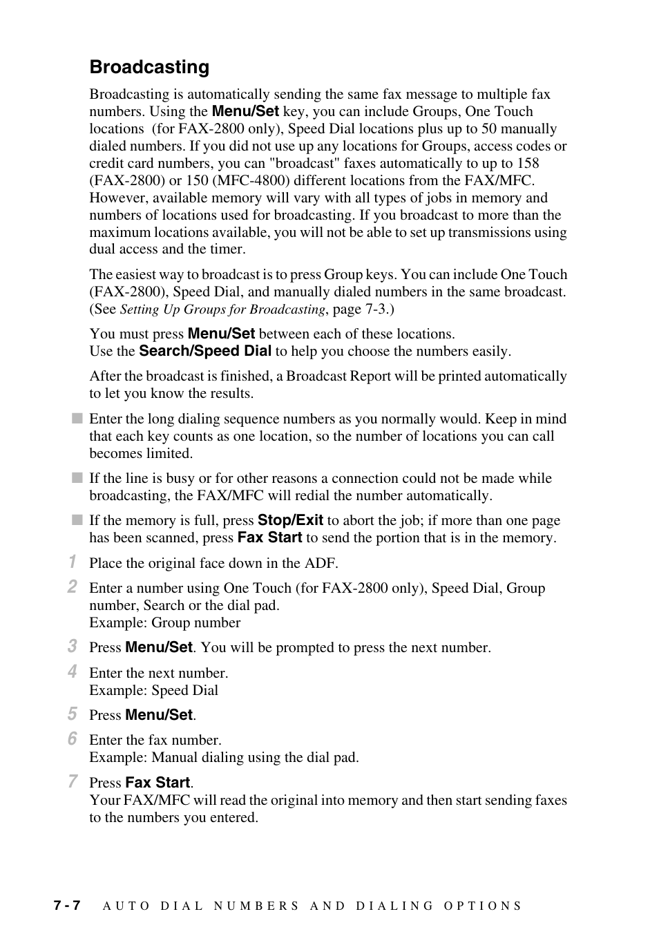 Broadcasting, Broadcasting -7 | Brother FAX-2800 User Manual | Page 82 / 228