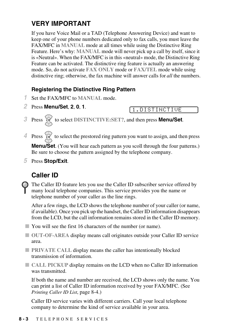 Very important, Registering the distinctive ring pattern, Caller id | Very important -3, Registering the distinctive ring pattern -3, Caller id -3 | Brother FAX-2800 User Manual | Page 86 / 228
