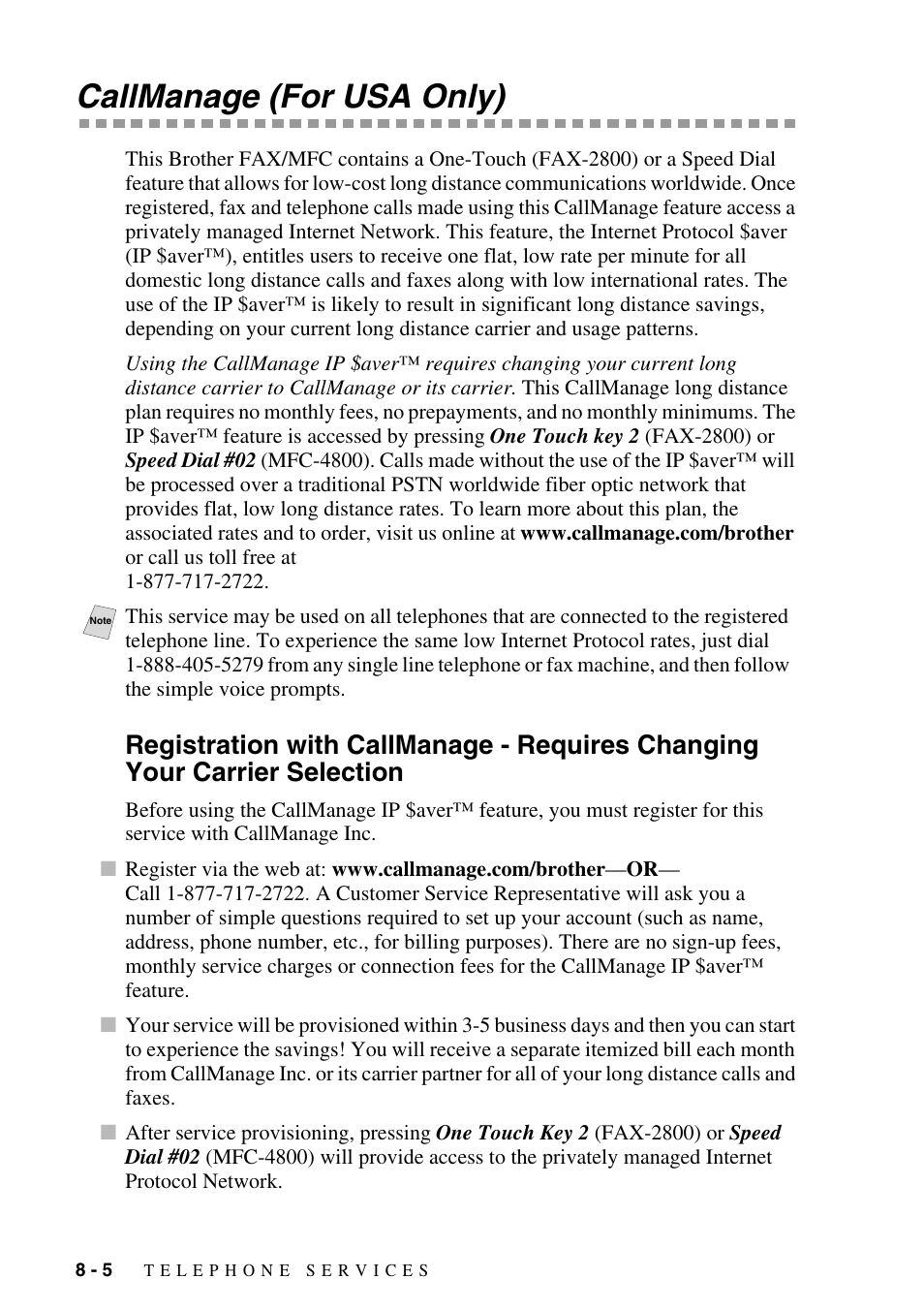 Callmanage (for usa only), Callmanage (for usa only) -5, Registration with callmanage - requires changing | Your carrier selection -5 | Brother FAX-2800 User Manual | Page 88 / 228