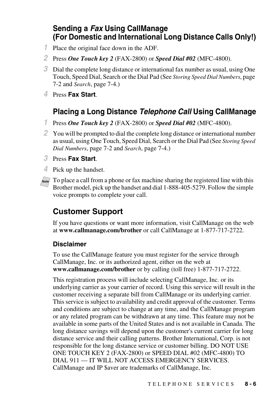 Customer support, Disclaimer, Sending a fax using callmanage | Disclaimer -6 | Brother FAX-2800 User Manual | Page 89 / 228