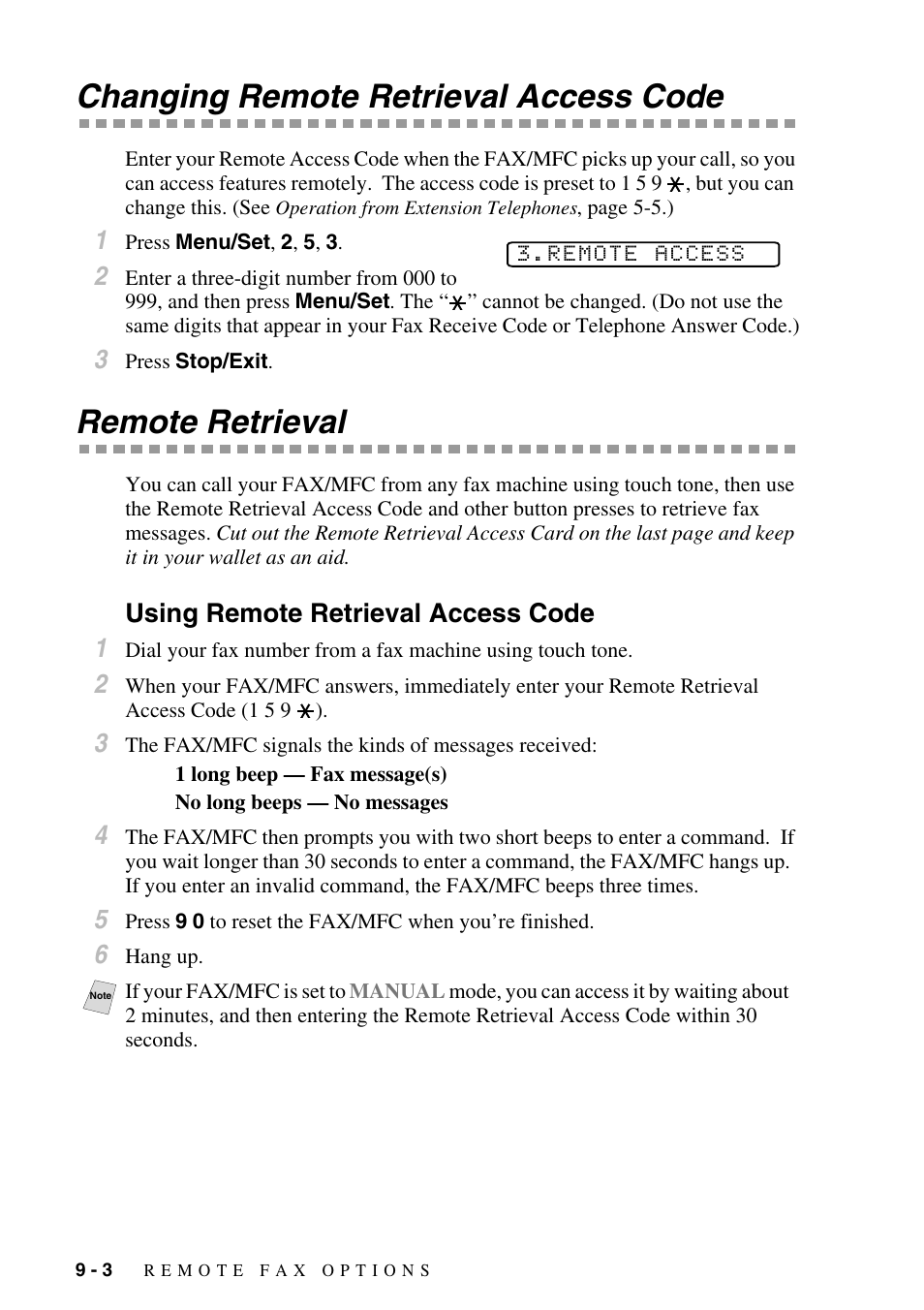 Changing remote retrieval access code, Remote retrieval, Using remote retrieval access code | Using remote retrieval access code -3 | Brother FAX-2800 User Manual | Page 92 / 228